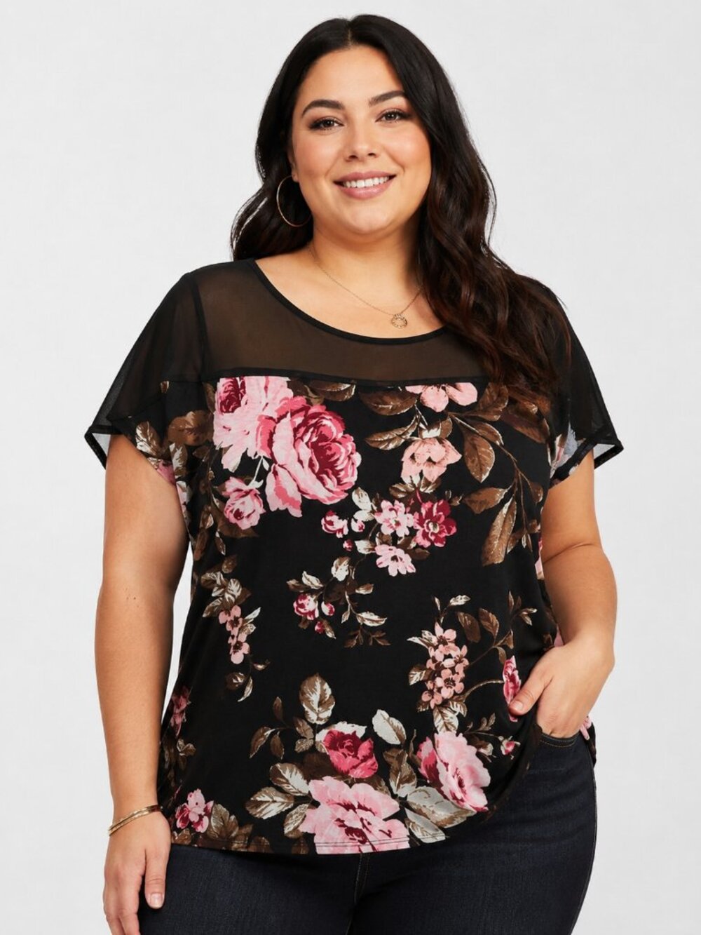 SJS Women's Top Size 2X Black Floral Blouse Short Sleeve Sheer